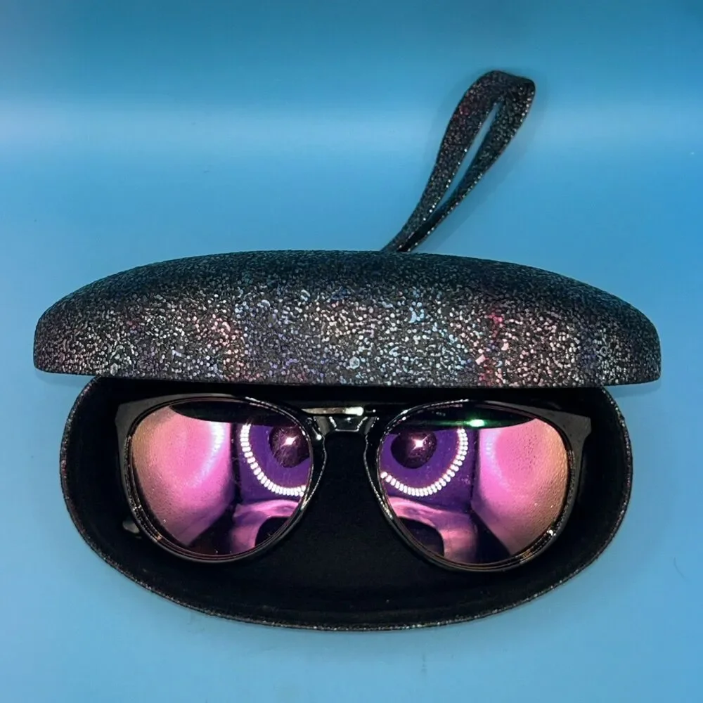 Mirror Sunglasses +Oversized Purple Glitter Glam Clamshell Case Clutch 52-18-140
